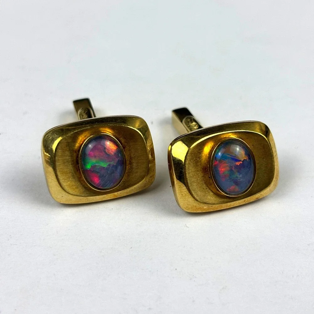 Vintage Rolled Gold Black Opal Cufflinks Oval Fire Inlay Mid Century Men's